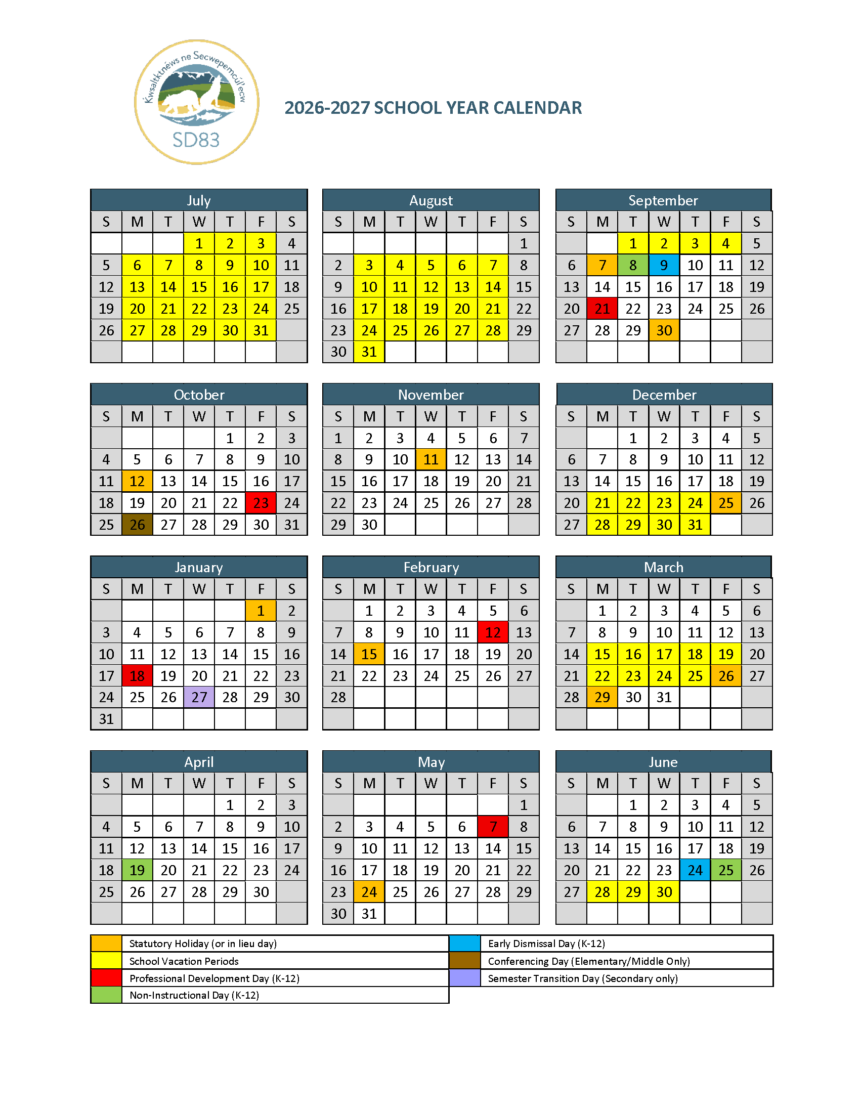 SD83 2026 2027 School Calendar